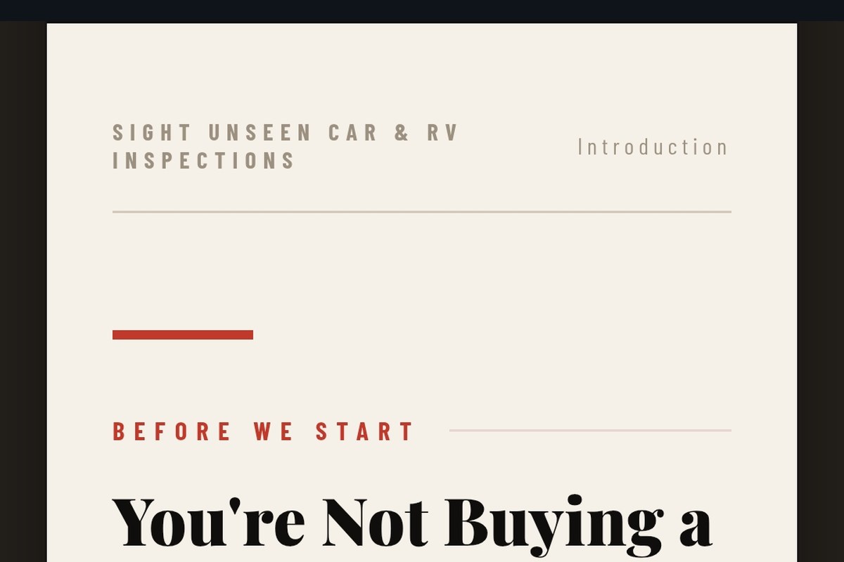 Sight Unseen Car & RV Inspections guide introduction page